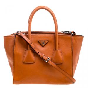 Pre Owned Prada Orange Leather Double Zip Tote