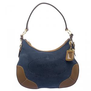 Pre Owned Prada Navy Blue/Brown Canvas and Leather Shoulder Bag