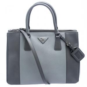 Pre Owned Prada Grey Saffiano Lux Leather Medium Double Zip Tote