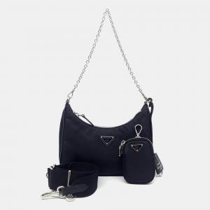 Prada Black Nylon Tessuto Chain Strap Hobo Bag