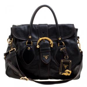 Pre Owned Prada Black Deerskin Leather Dragon Satchel 