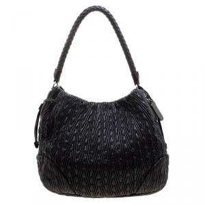 Pre Owned Prada Black Ruched Leather Braided Handle Hobo