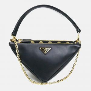 Prada Triangle Bag Shoulder Black X Beige Leather Fabric