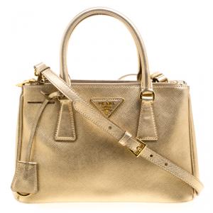 Pre Owned Prada Gold Saffiano Lux Leather Mini Double Zip Tote