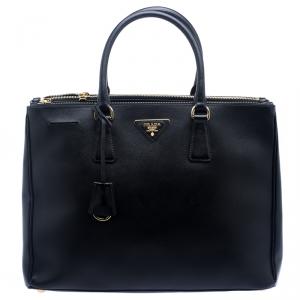 Pre Owned Prada Black Saffiano Lux Leather Large Double Zip Tote