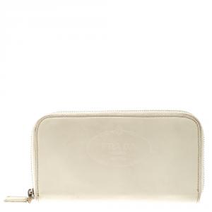 Pre Owned Prada White Vitello Print Leather Zip Around Wallet