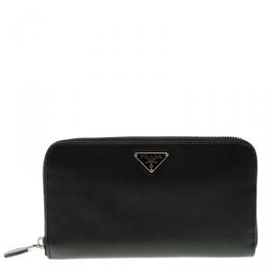 Pre Owned Prada Black Saffiano Leather Zip Around Wallet