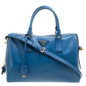 Prada Blue Saffiano Lux Leather Boston Bag 