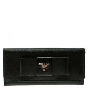 Pre Owned Prada Black Saffiano Fiocco Leather Bow Continental Wallet