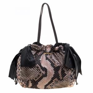 Pre Owned Prada Black Python Print Nylon St. Pitone Hobo