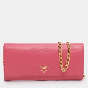 Pre Owned Prada Pink Vitello Move Leather Logo Flap Wallet On Chain