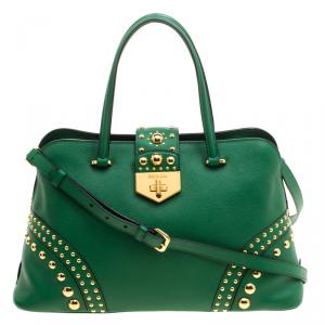 Pre Owned Prada Green Saffiano Cuir Leather Studded Satchel