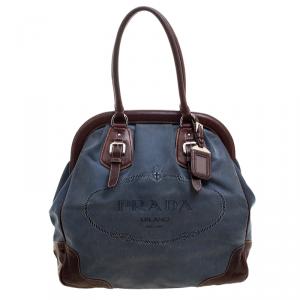 Pre Owned Prada Blue/Brown Canvas and Leatehr Frame Satchel