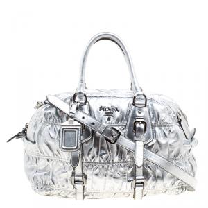 Prada Silver Nappa Leather Gaufre Bowling Bag