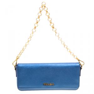 Pre Owned Prada Metallic Blue Saffiano Lux Leather Chain Shoulder Bag