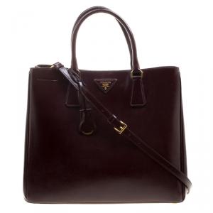 Pre Owned Prada Burgundy Saffiano Metal Leather Medium Gardener's Tote