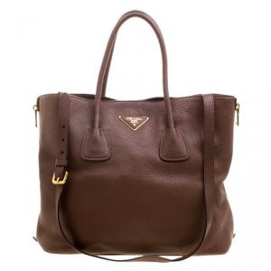 Pre Owned Prada Brown Vitello Daino Leather Side Zip Tote