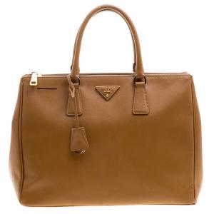 Pre Owned Prada Caramel Saffiano Lux Leather Large Double Zip Tote