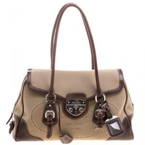 Pre Owned Prada Beige/Brown Canvas and Leather Push Lock Satchel