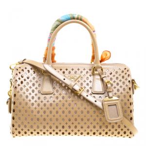 Prada Beige Perforated Patent Leather Bowling Bag