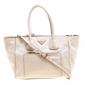Pre Owned Prada Off White Vitello Leather Phenix Front Pocket Tote