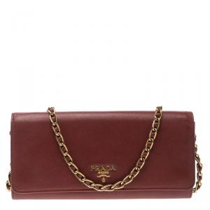 Pre Owned Prada Red Saffiano Metal Leather Wallet on Chain