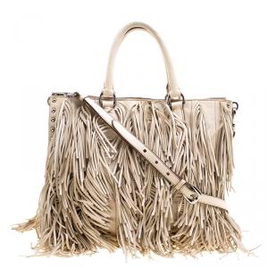 Pre Owned Prada Beige Leather Fringe Tote