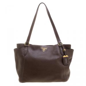 Pre Owned Prada Brown Vitello Daino Leather Shopper Tote