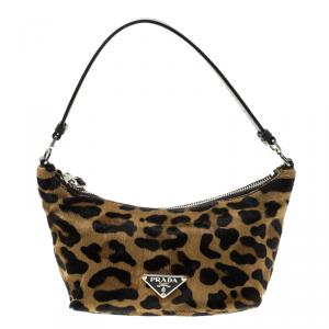 Pre Owned Prada Leopard Print Calf Hair Baguette Shoulder Bag