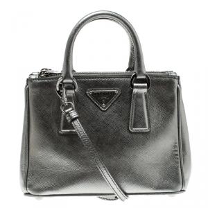 Pre Owned Prada Silver Saffiano Lux Leather Double Zip Tote