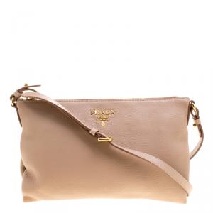 Pre Owned Prada Beige Leather Flat Crossbody Bag