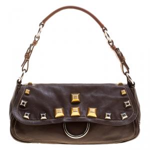 Pre Owned Prada Brown Leather Studded Shoulder Bag