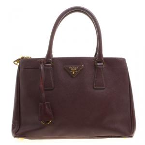 Pre Owned Prada Dark Burgundy Saffiano Lux Leather Small Double Zip Tote