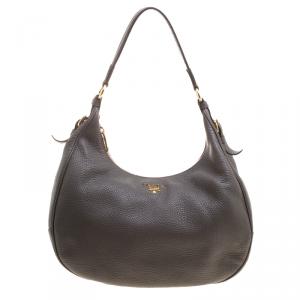 Pre Owned Prada Dark Grey Pebbled Leather Hobo