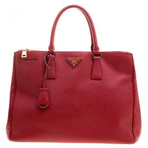 Pre Owned Prada Red Saffiano Lux Leather Large Double Zip Tote