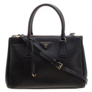 Pre Owned Prada Black Saffiano Lux Leather Small Double Zip Tote