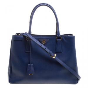 Pre Owned Prada Blue Saffiano Lux Leather Medium Double Zip Tote