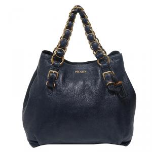 Pre Owned Prada Navy Blue Leather Shopper Tote