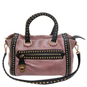 Pre Owned Prada Talco Craquele Leather Studded Bauletto Satchel Bag