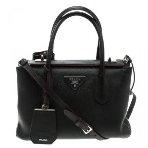 Pre Owned Prada Black Saffiano Cuir Leather Small Twin Tote
