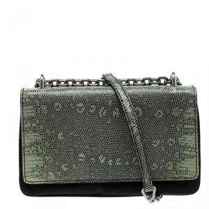 Pre Owned Prada Green Green/Black Nylon and Lizard Shoulder Bag