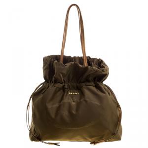 Pre Owned Prada Khaki Nylon Drawstring Tote