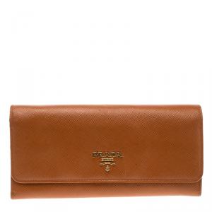 Pre Owned Prada Orange Saffiano Lux Leather Continental Wallet