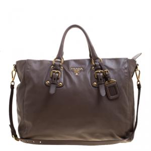Pre Owned Prada Taupe Soft Leather Top Handle Tote 