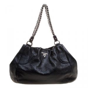 Pre Owned Prada Black Cervo Lux Leather Chain Tote