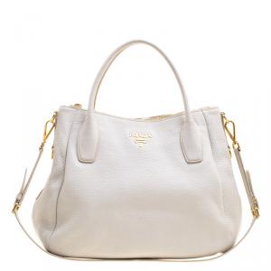 Pre Owned Prada Off White Leather Vitello Daino Sacca 2 Manici Top Handle Shoulder Bag