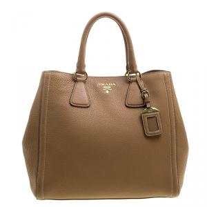 Pre Owned Prada Brown Vitello Daino Leather Shopper Tote