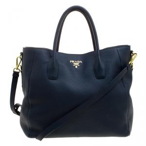 Pre Owned Prada Navy Blue Vitello Daino Leather Shopper Tote