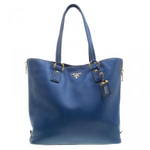 Pre Owned Prada Cobalt Blue Vitello Daino Leather Side Zip Tote