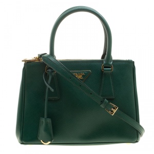 Pre Owned Prada Green Saffiano Lux Leather Mini Double Zip Tote